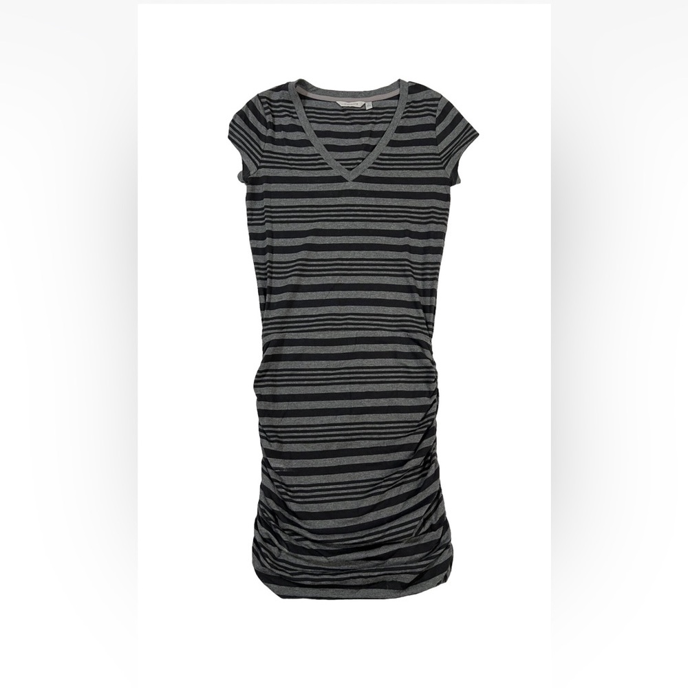 Athleta Ruched Striped Dress Women's SMALL Gray Topanga Short Sleeves V Neck